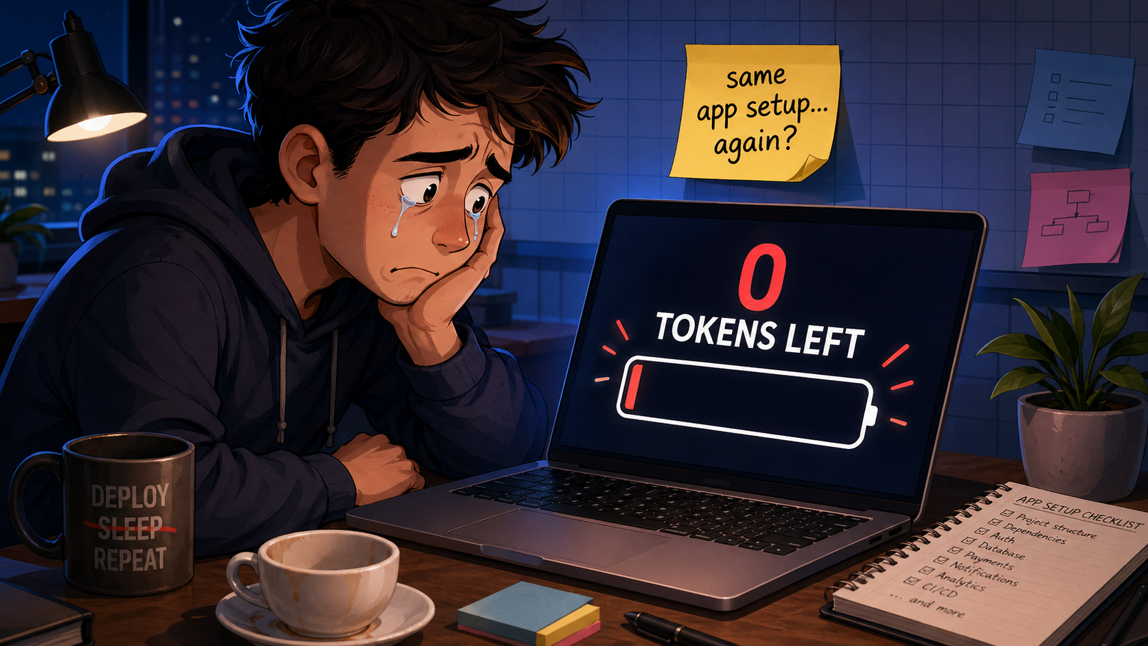 A tired developer looking at an empty token meter