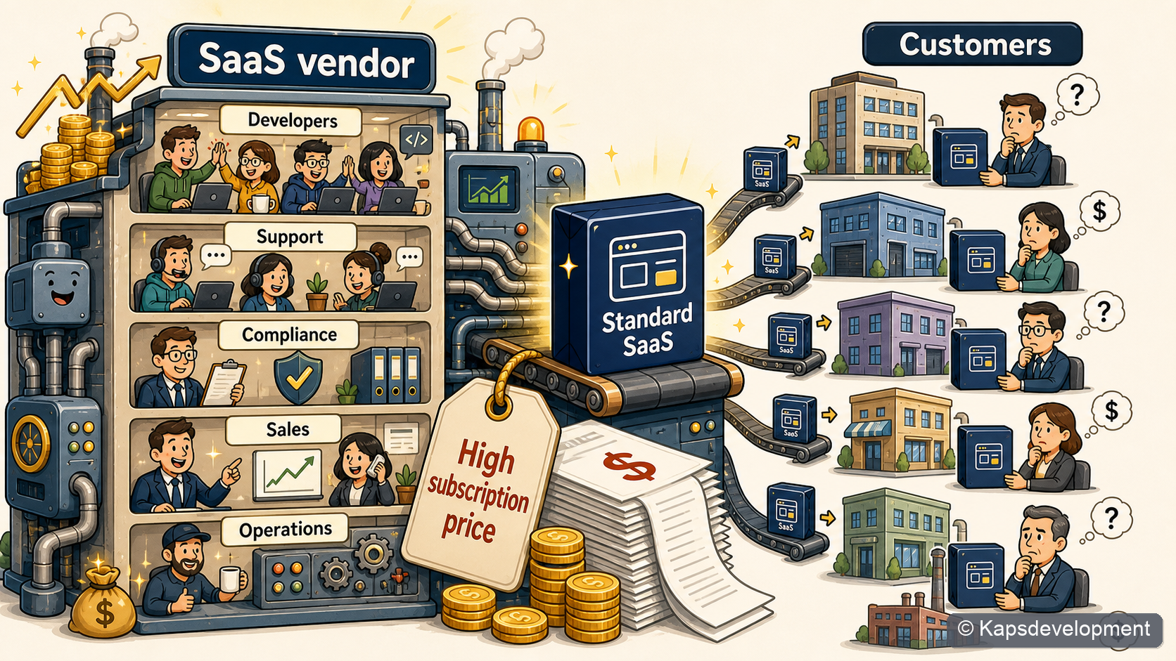 A cartoon-style SaaS vendor with many internal teams selling one standardized product to many customer companies at a high subscription price.