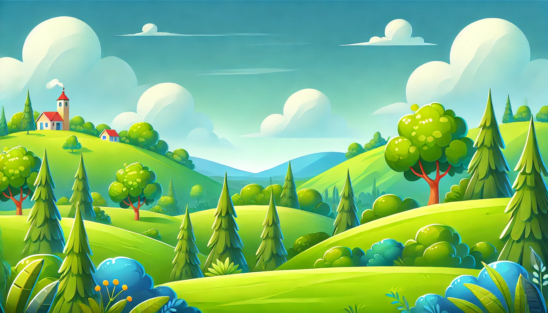 Vibrant green summer landscape with rolling hills and blue sky